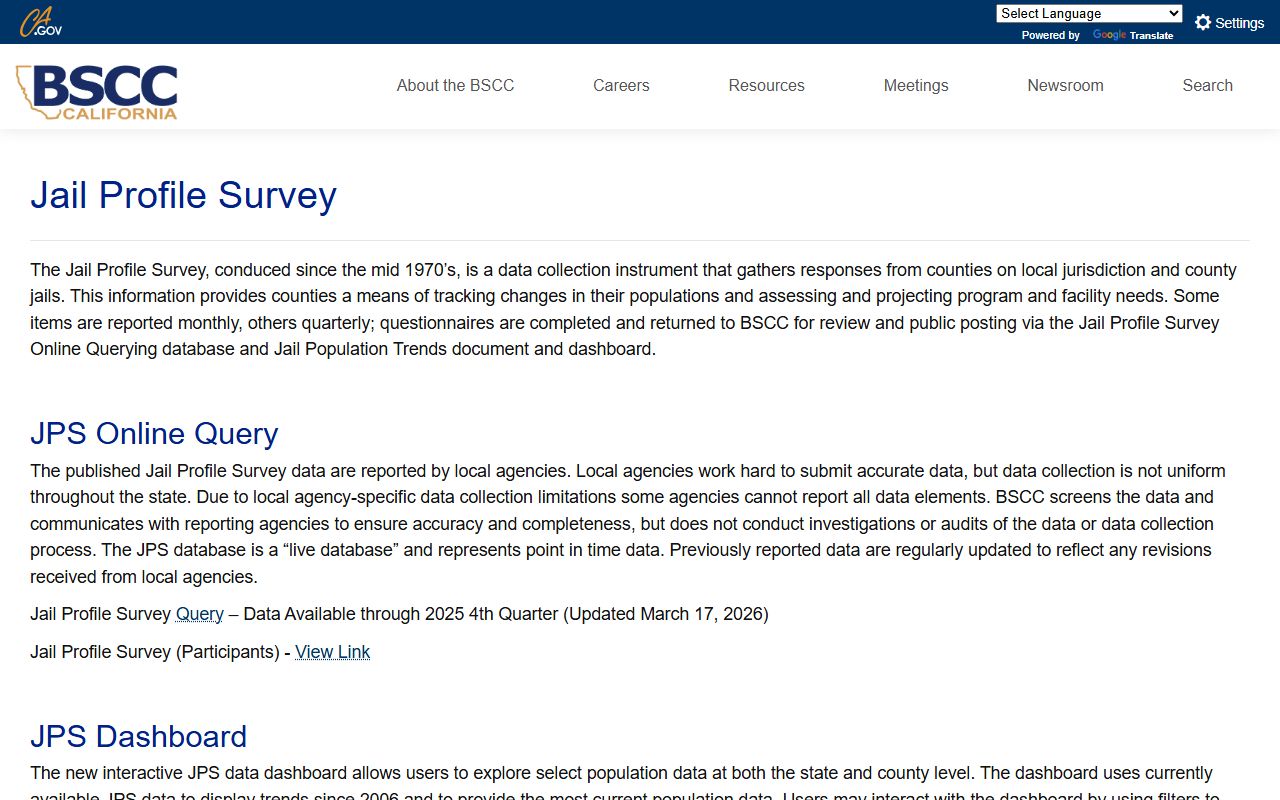 BSCC Nevada County jail profile survey capacity data