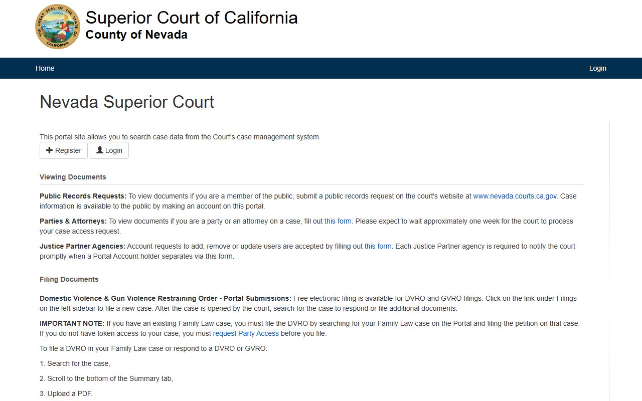 Nevada County court records after arrest eCourt case lookup portal