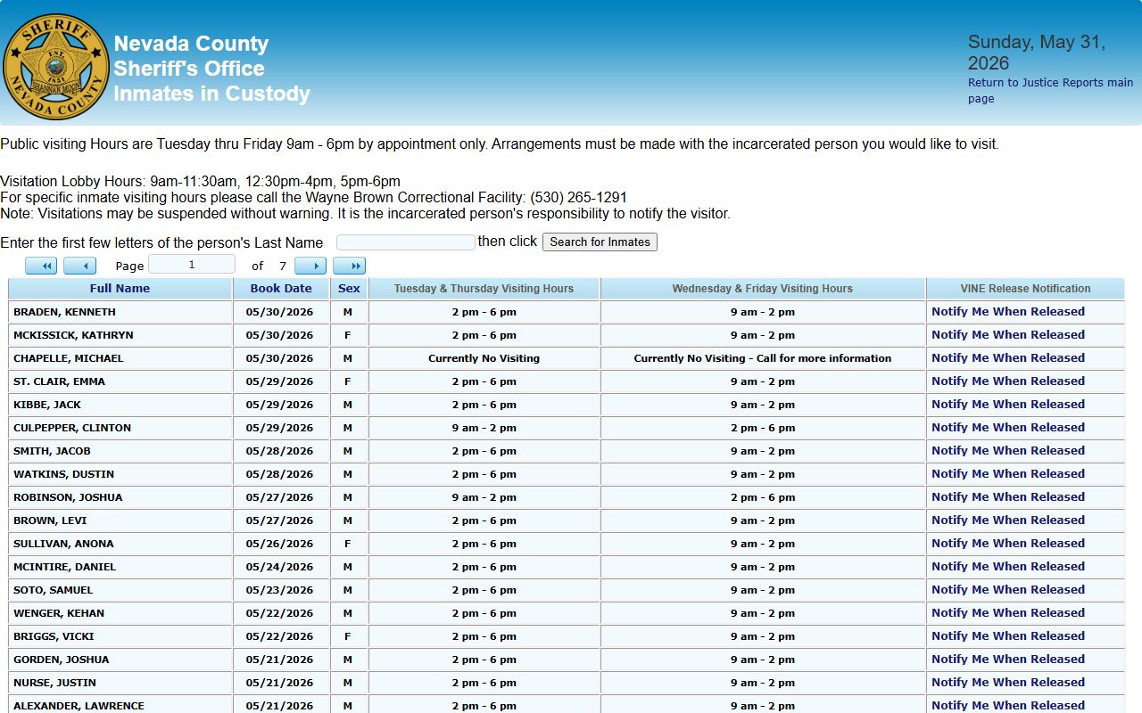 Nevada County inmate population in-custody report search interface