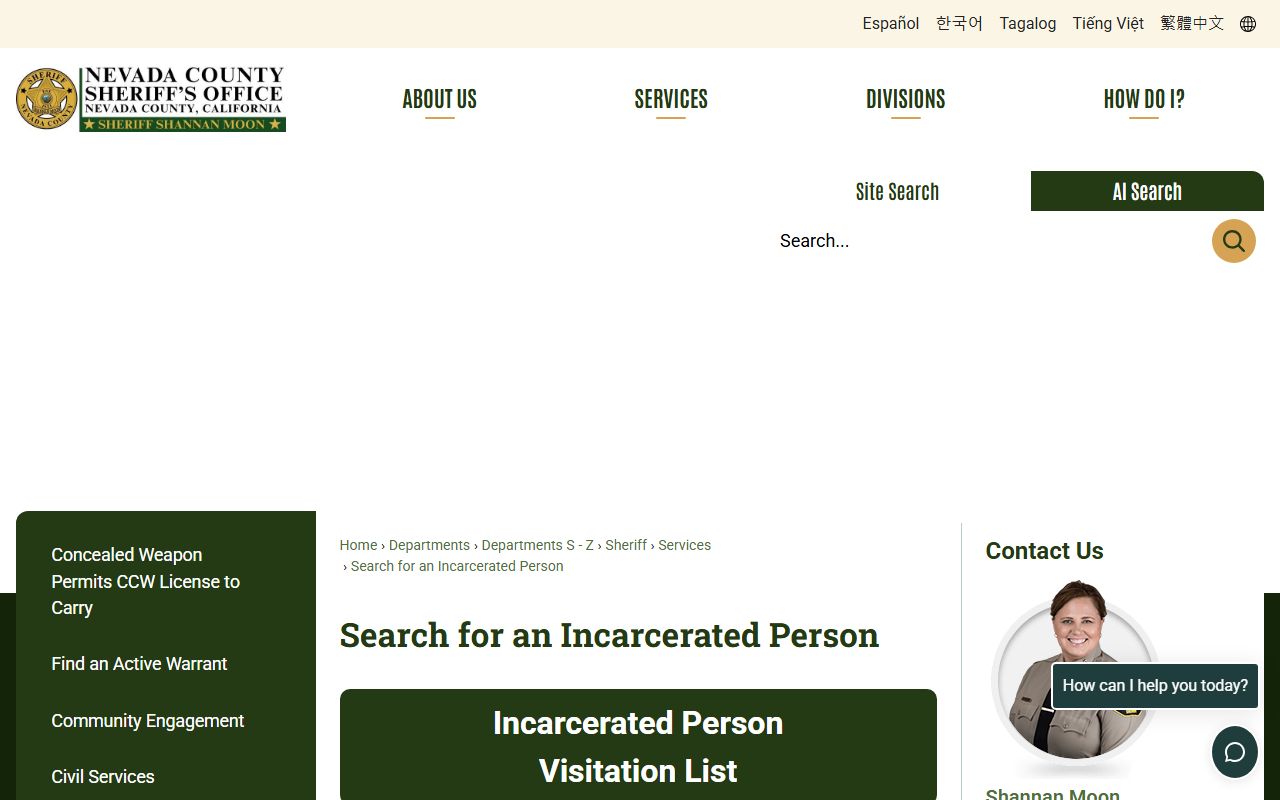 Nevada County inmate search page for Wayne Brown Correctional Facility roster lookup